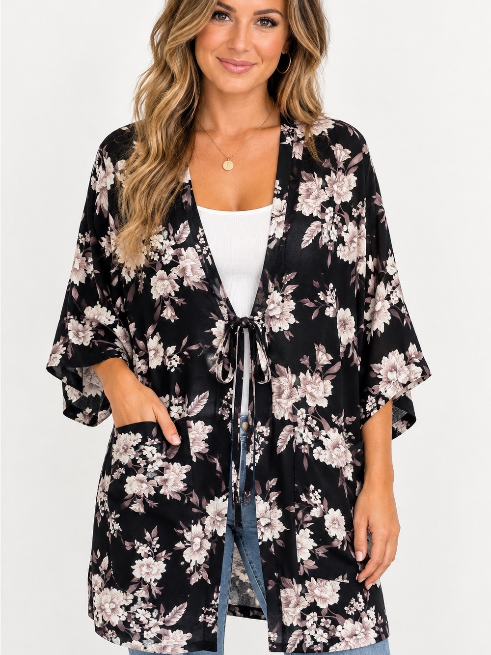Spiritual Gangster Black Cream Floral Tie-Front Coverup